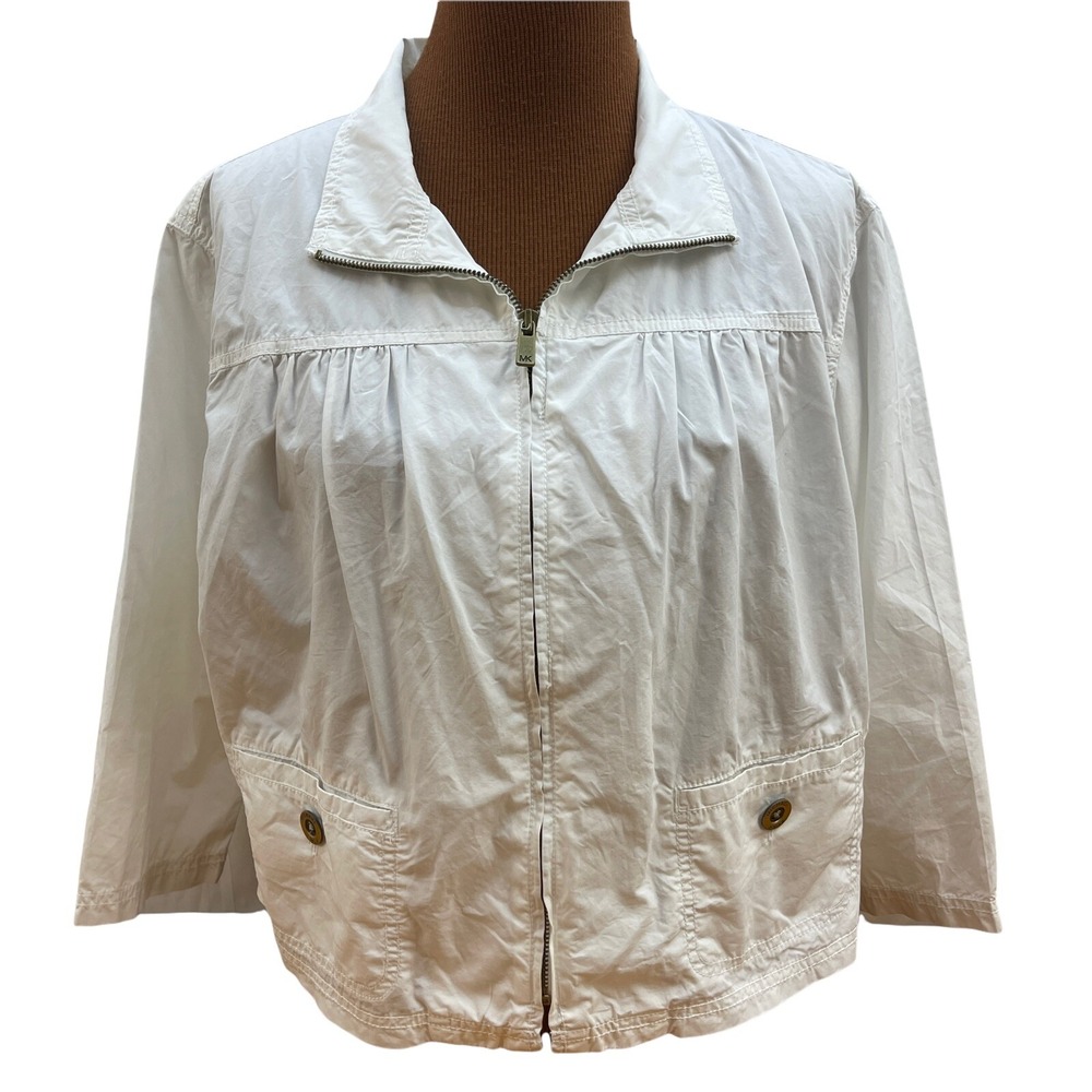 Michael Kors Womens Lightweight Jacket Pockets Zip Large White 3/4 Sleeves Top